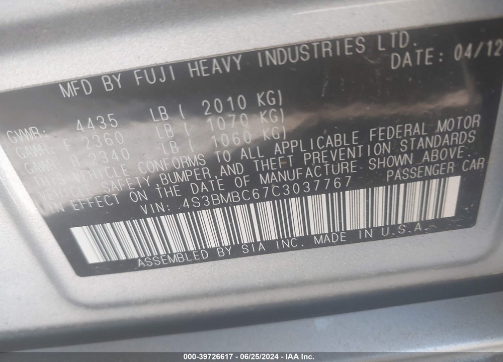 2012 SUBARU LEGACY 2.5I PREMIUM VIN: 4S3BMBC67C3037767