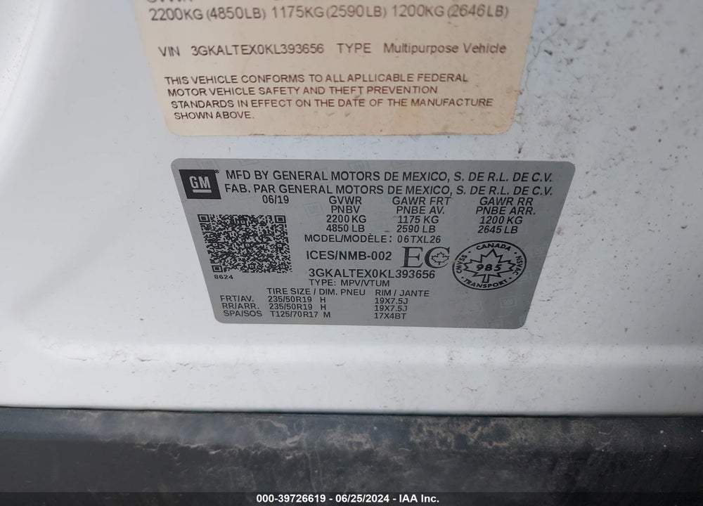 2019 GMC TERRAIN SLE VIN: 3GKALTEX0KL393656