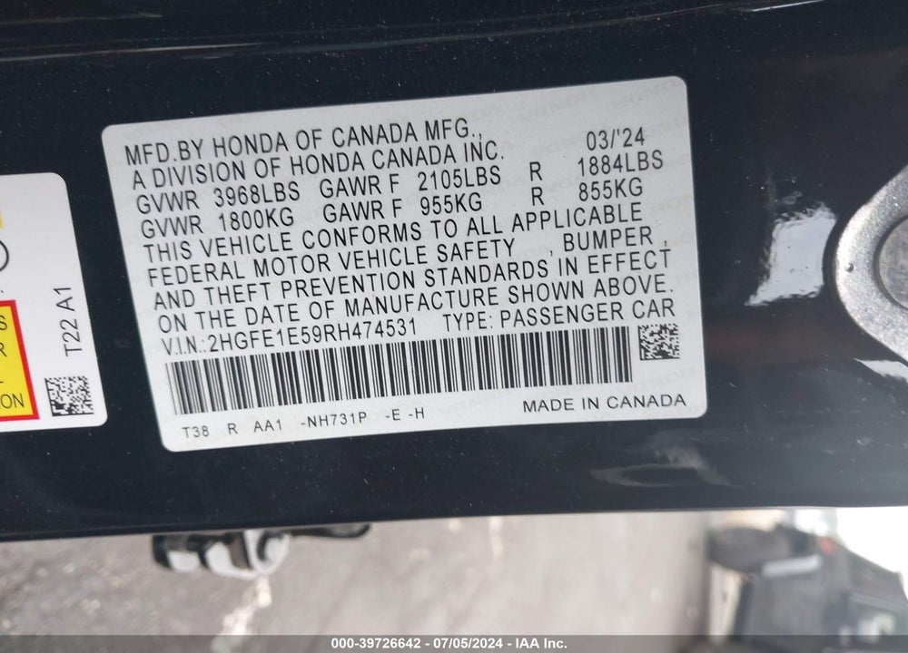 2024 HONDA CIVIC SI SEDAN VIN: 2HGFE1E59RH474531