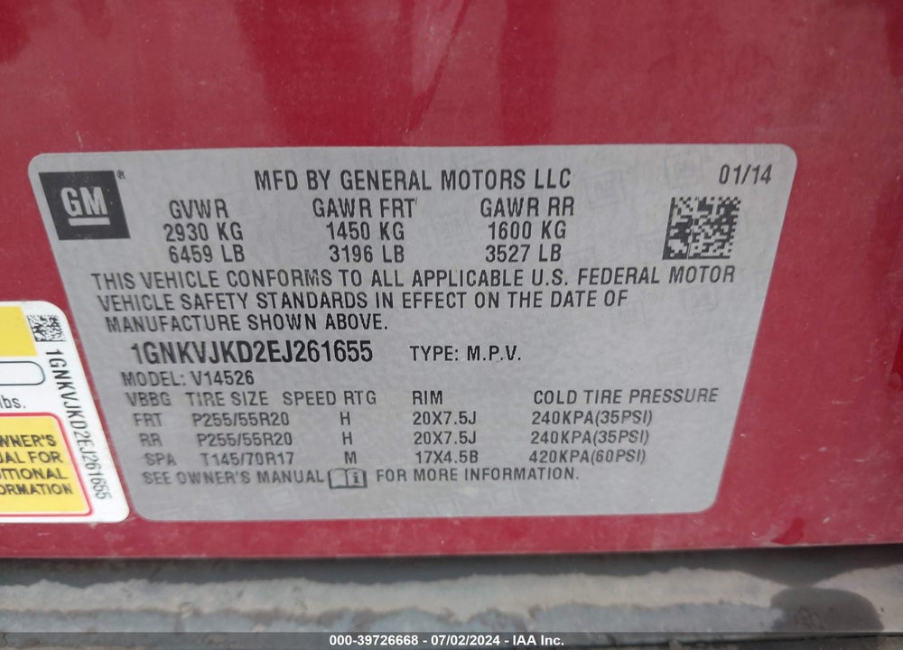 2014 CHEVROLET TRAVERSE LTZ VIN: 1GNKVJKD2EJ261655