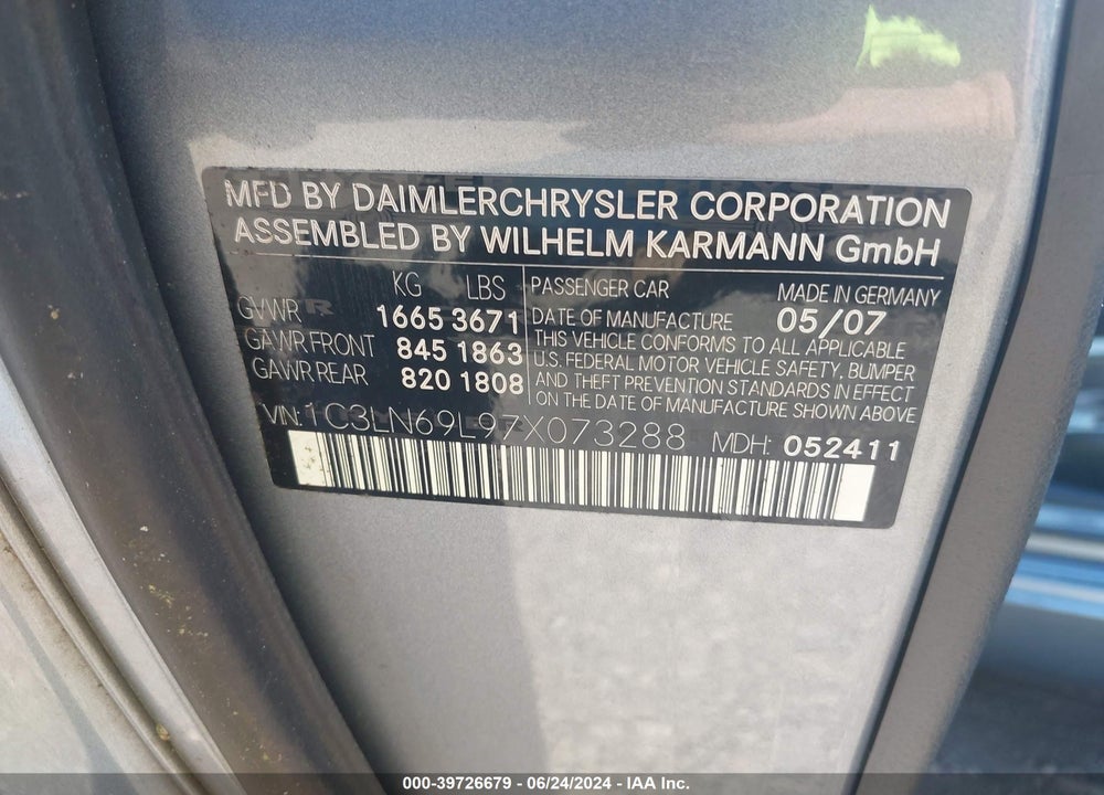 2007 CHRYSLER CROSSFIRE LIMITED VIN: 1C3LN69L97X073288