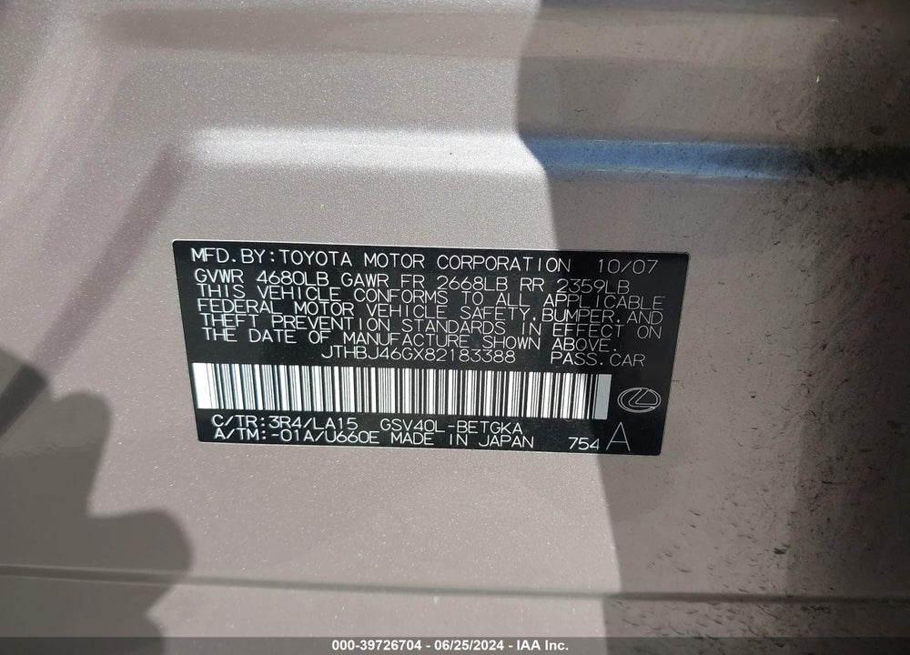 2008 LEXUS ES 350 VIN: JTHBJ46GX82183388