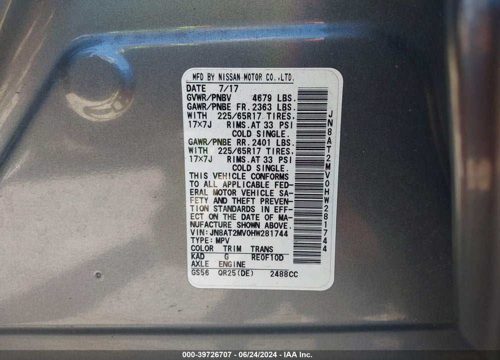 2017 NISSAN ROGUE SV VIN: JN8AT2MV0HW281744