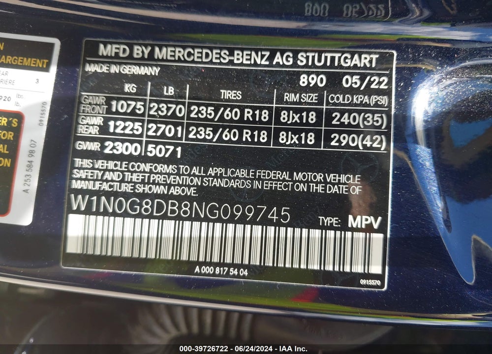 2022 MERCEDES-BENZ GLC 300 SUV VIN: W1N0G8DB8NG099745