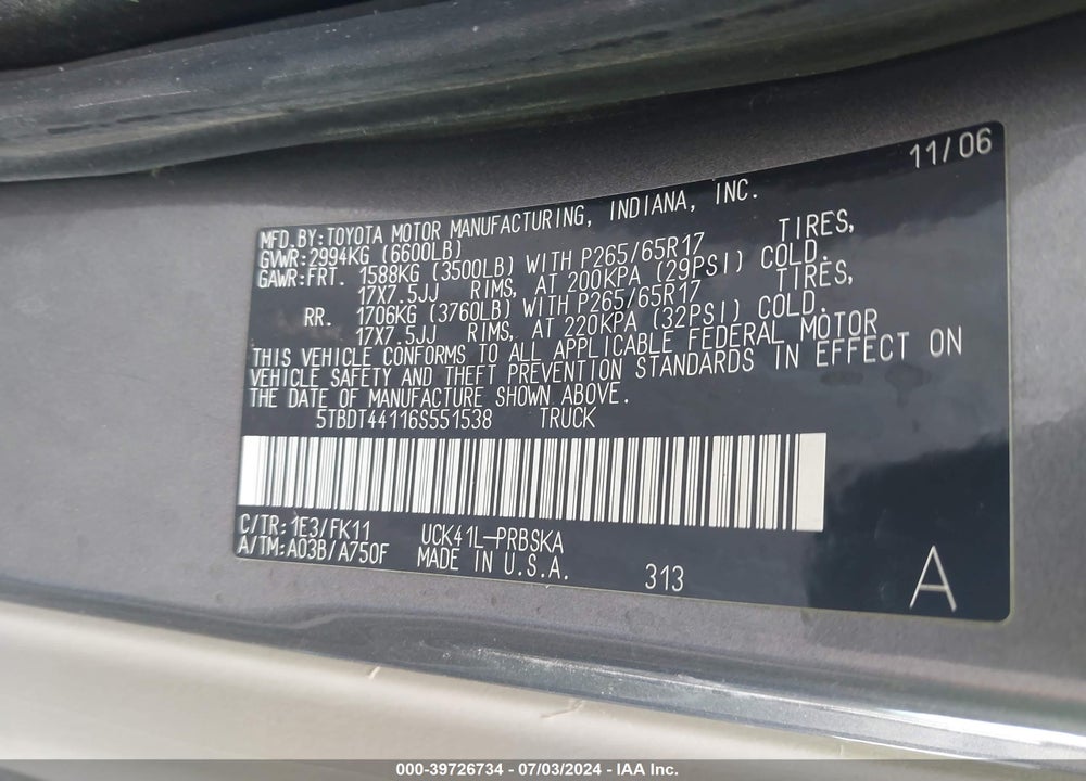 2006 TOYOTA TUNDRA SR5 V8 VIN: 5TBDT44116S551538