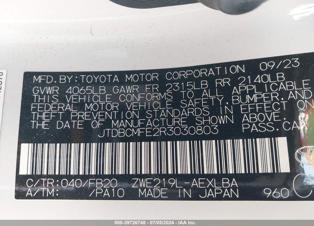 2024 TOYOTA COROLLA HYBRID LE VIN: JTDBCMFE2R3030803