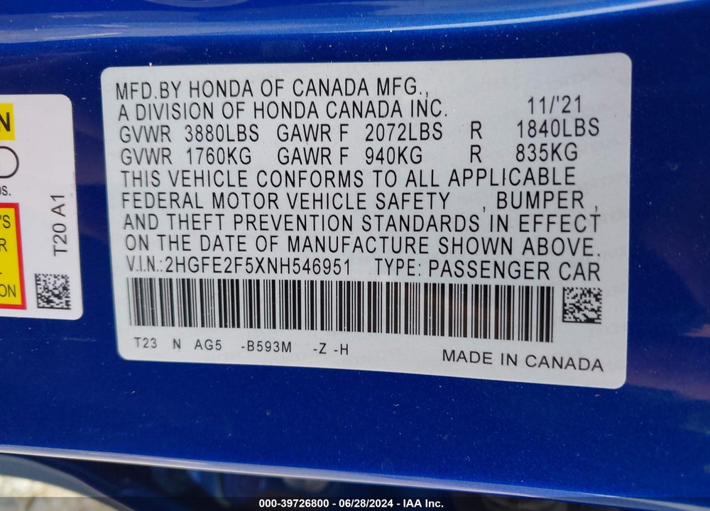 2022 HONDA CIVIC SPORT VIN: 2HGFE2F5XNH546951
