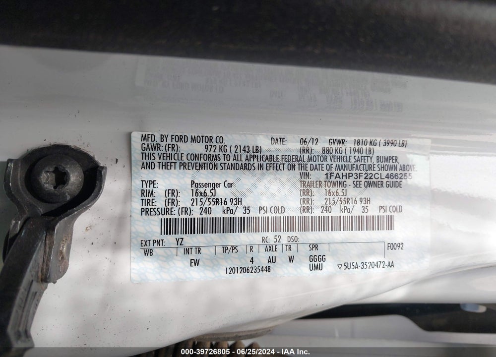 2012 FORD FOCUS SE VIN: 1FAHP3F22CL466255