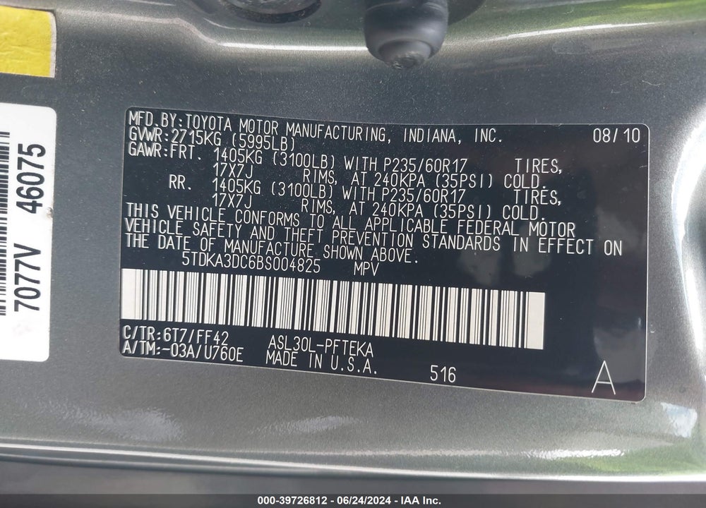 2011 TOYOTA SIENNA VIN: 5TDKA3DC6BS004825