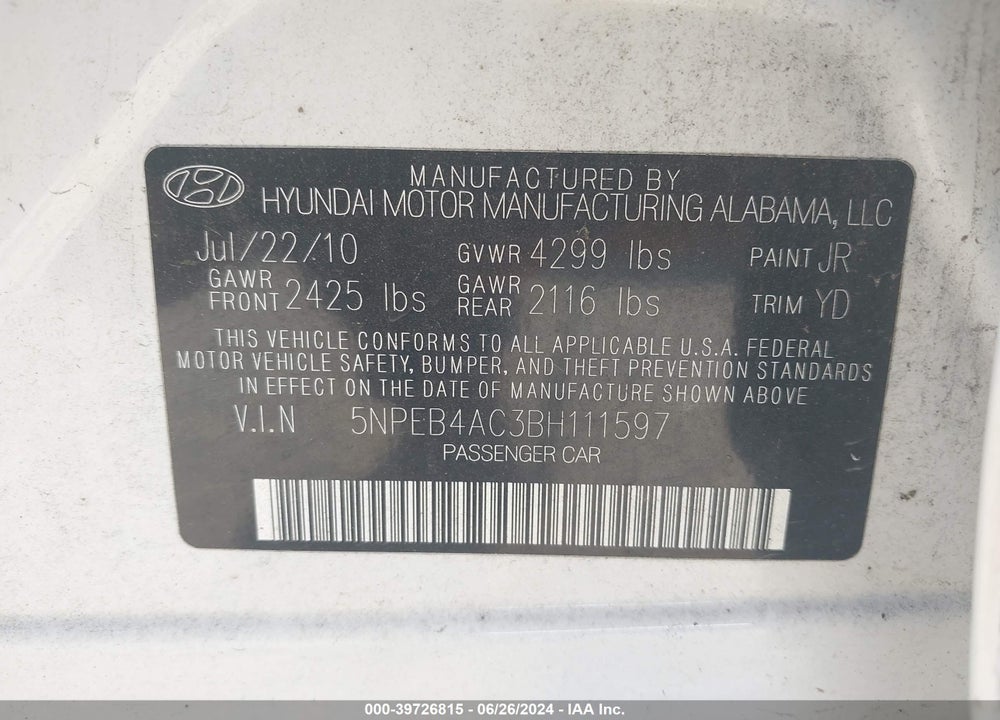 2011 HYUNDAI SONATA GLS VIN: 5NPEB4AC3BH111597