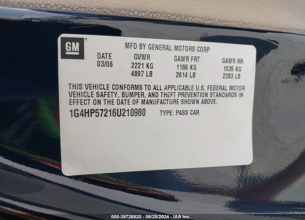 2006 BUICK LUCERNE CX VIN: 1G4HP57216U210980