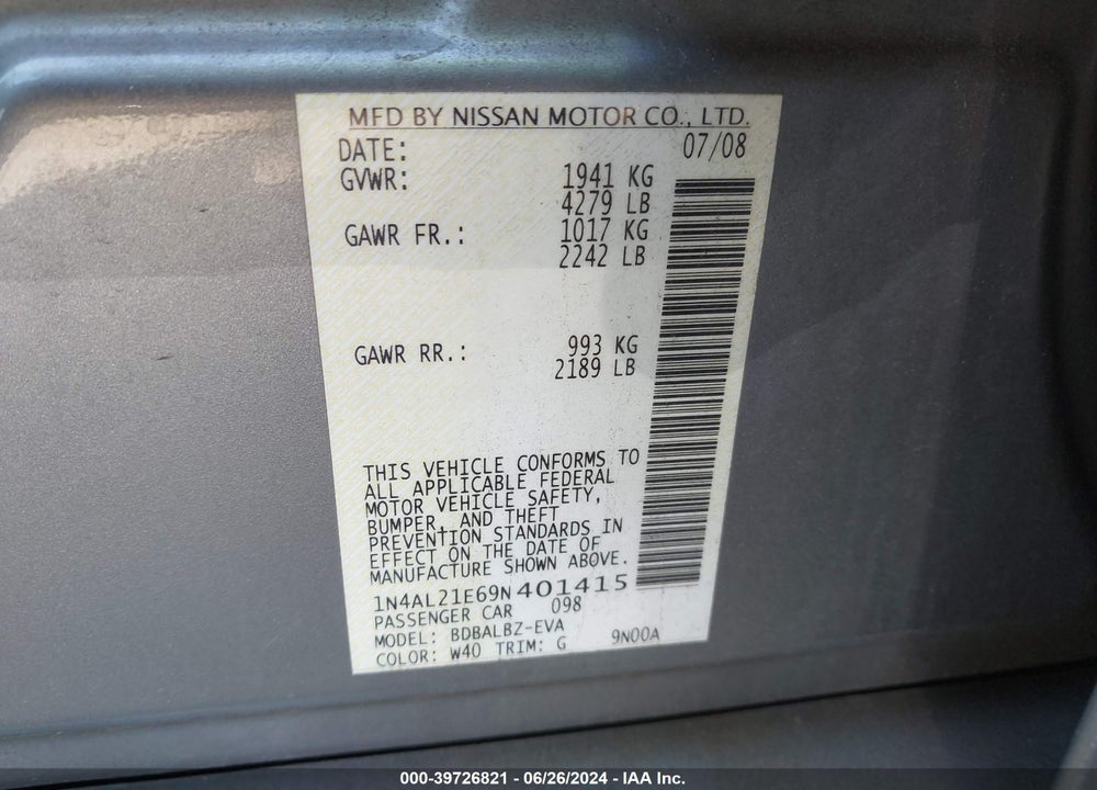2009 NISSAN ALTIMA 2.5 S VIN: 1N4AL21E69N401415