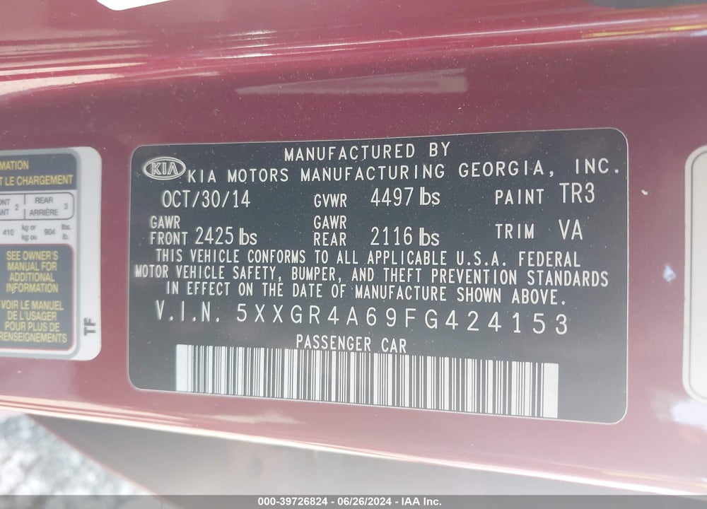 2015 KIA OPTIMA SX TURBO VIN: 5XXGR4A69FG424153