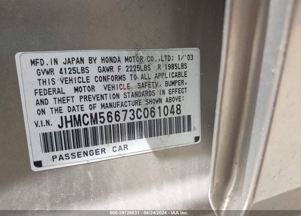 2003 HONDA ACCORD 2.4 EX VIN: JHMCM56673C061048