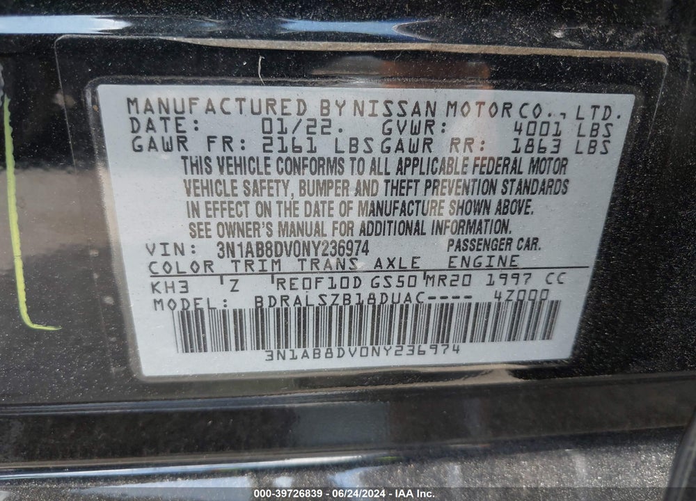 2022 NISSAN SENTRA SR XTRONIC CVT VIN: 3N1AB8DV0NY236974
