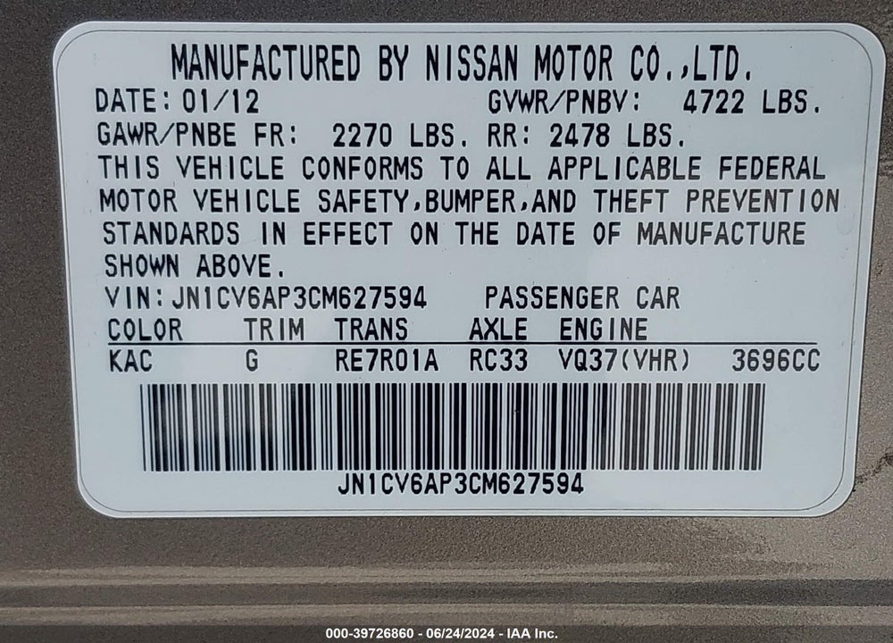 2012 INFINITI G37 JOURNEY VIN: JN1CV6AP3CM627594