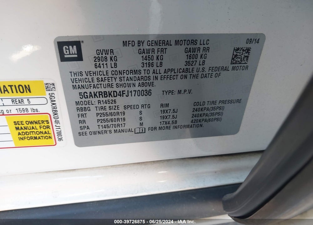 2015 BUICK ENCLAVE LEATHER VIN: 5GAKRBKD4FJ170036