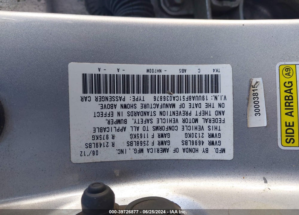 2012 ACURA TL 3.5 VIN: 19UUA8F51CA036876
