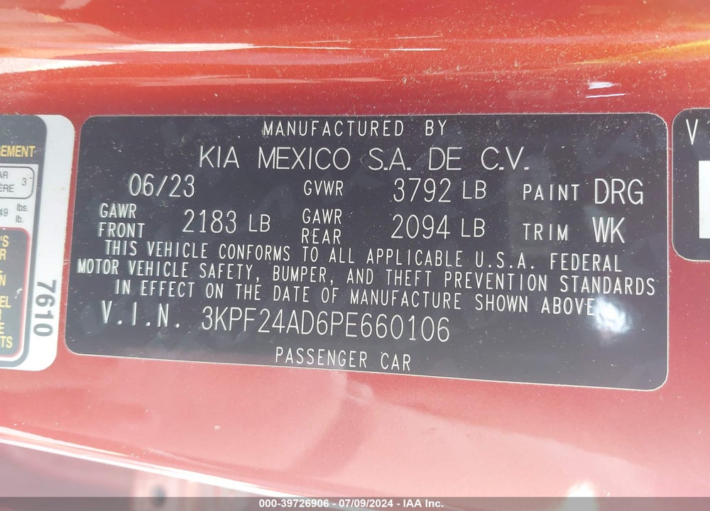 2023 KIA FORTE LXS VIN: 3KPF24AD6PE660106