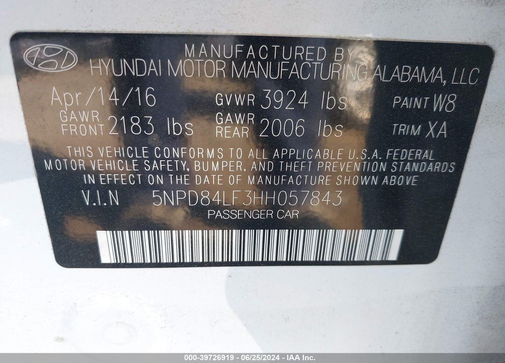 2017 HYUNDAI ELANTRA SE VIN: 5NPD84LF3HH057843