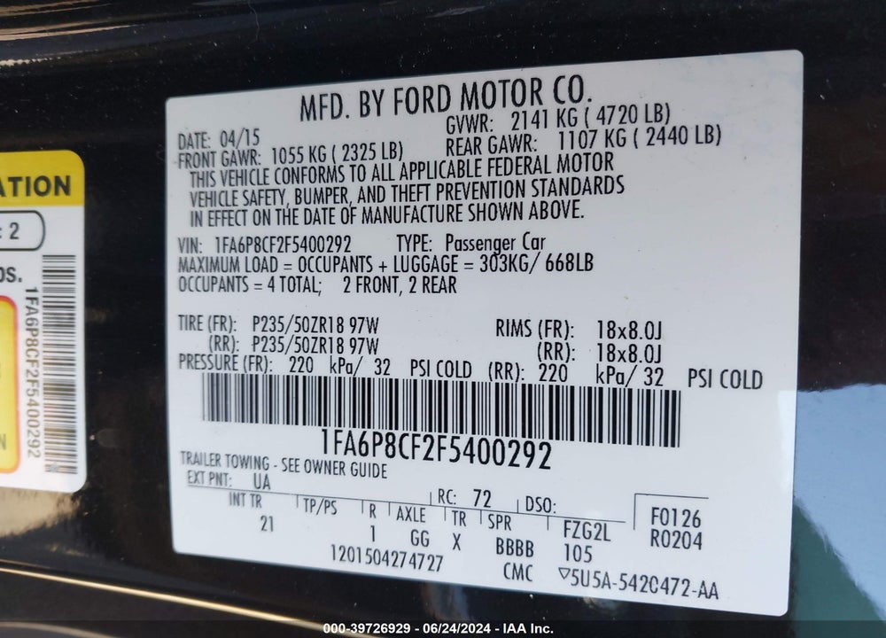 2015 FORD MUSTANG GT VIN: 1FA6P8CF2F5400292