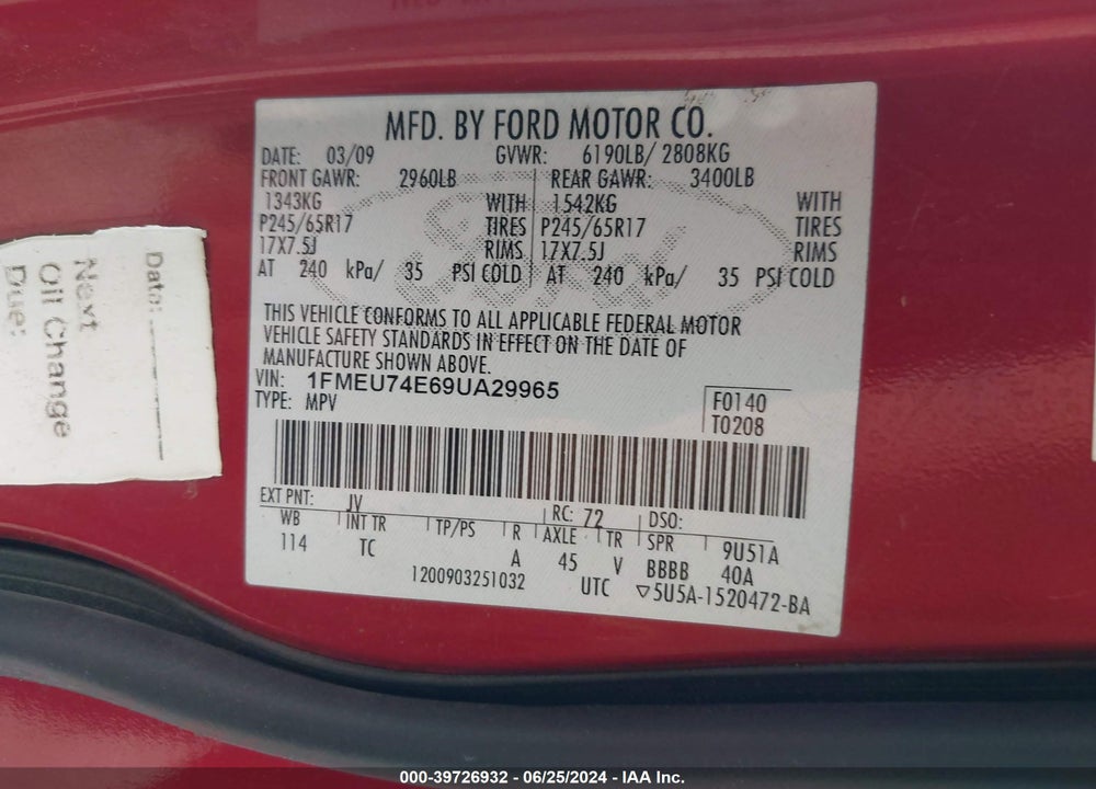 2009 FORD EXPLORER EDDIE BAUER VIN: 1FMEU74E69UA29965