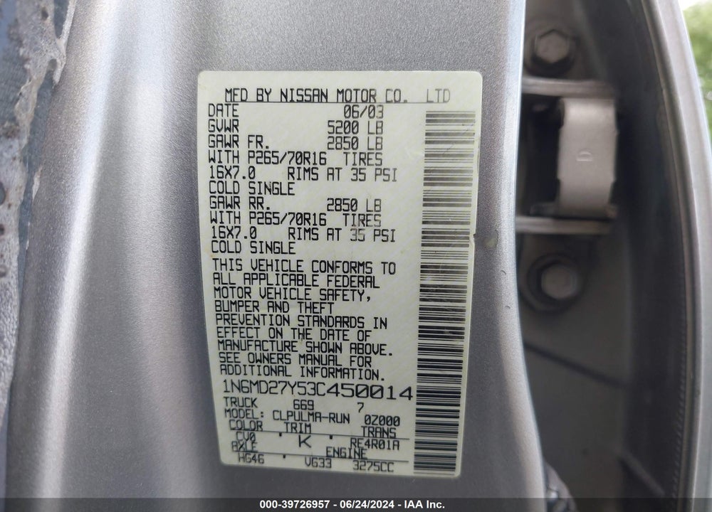 2003 NISSAN FRONTIER SVE-V6 VIN: 1N6MD27Y53C450014