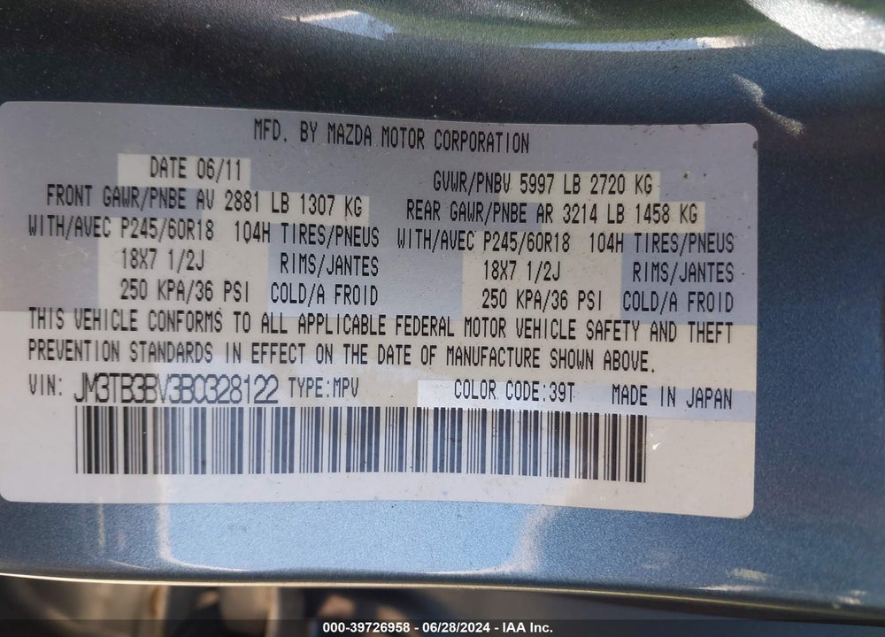 2011 MAZDA CX-9 SPORT VIN: JM3TB3BV3B0328122