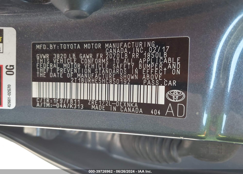 2017 TOYOTA COROLLA LE VIN: 2T1BURHE5HC850192