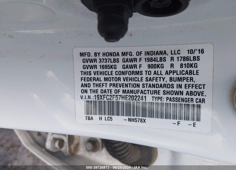 2017 HONDA CIVIC LX VIN: 19XFC2F57HE202241