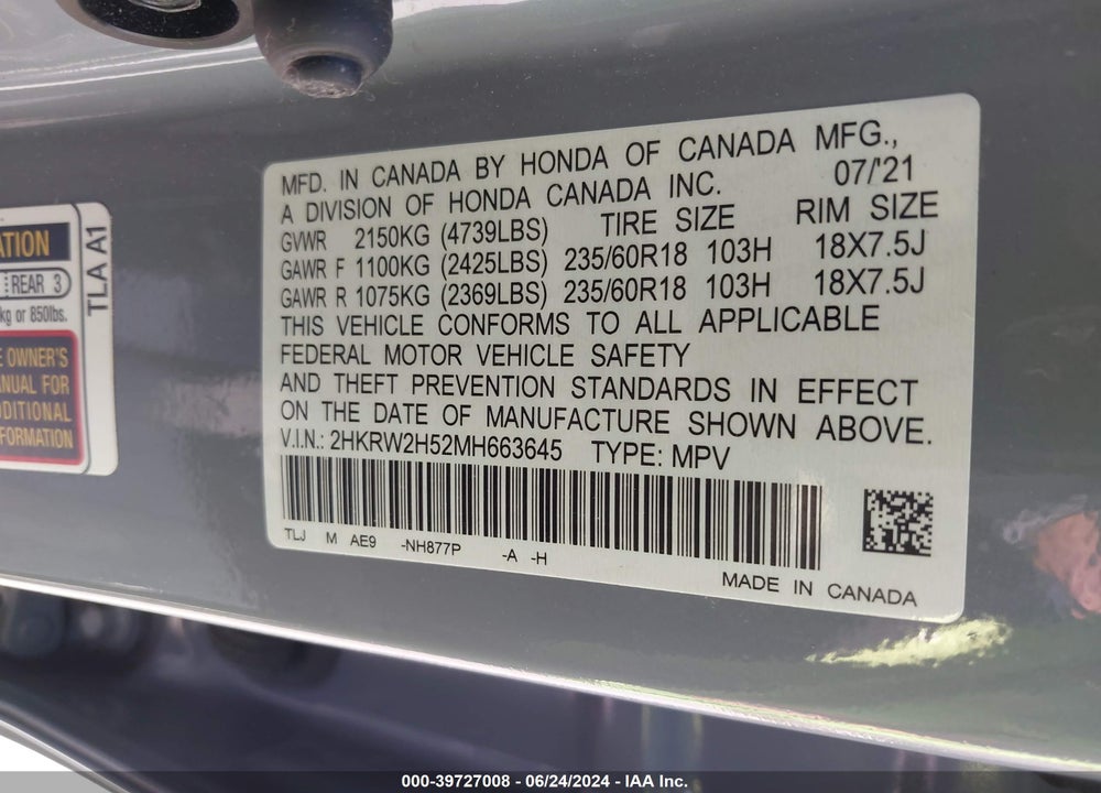 2021 HONDA CR-V AWD EX VIN: 2HKRW2H52MH663645