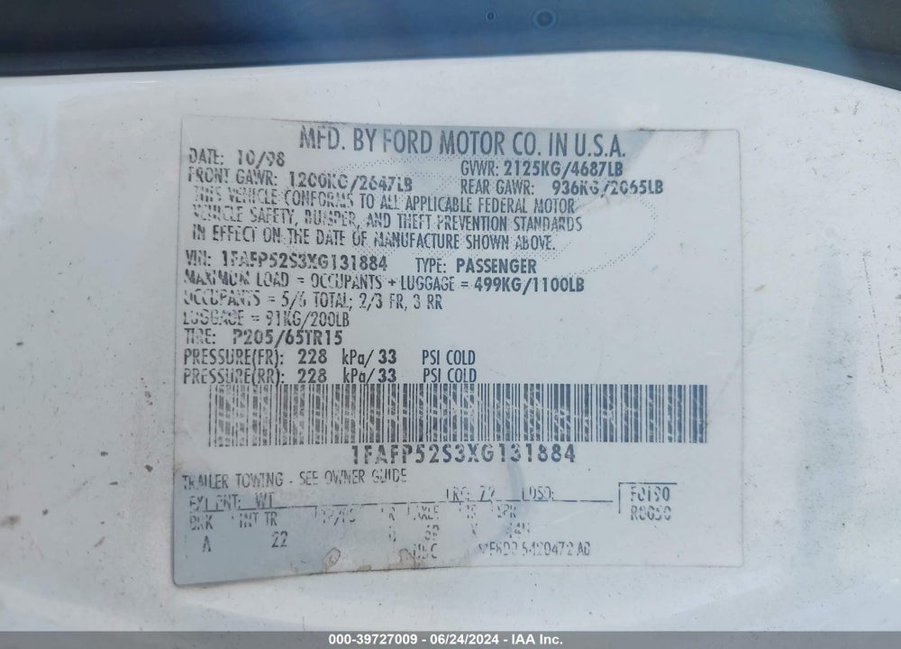 1999 FORD TAURUS LX VIN: 1FAFP52S3XG131884