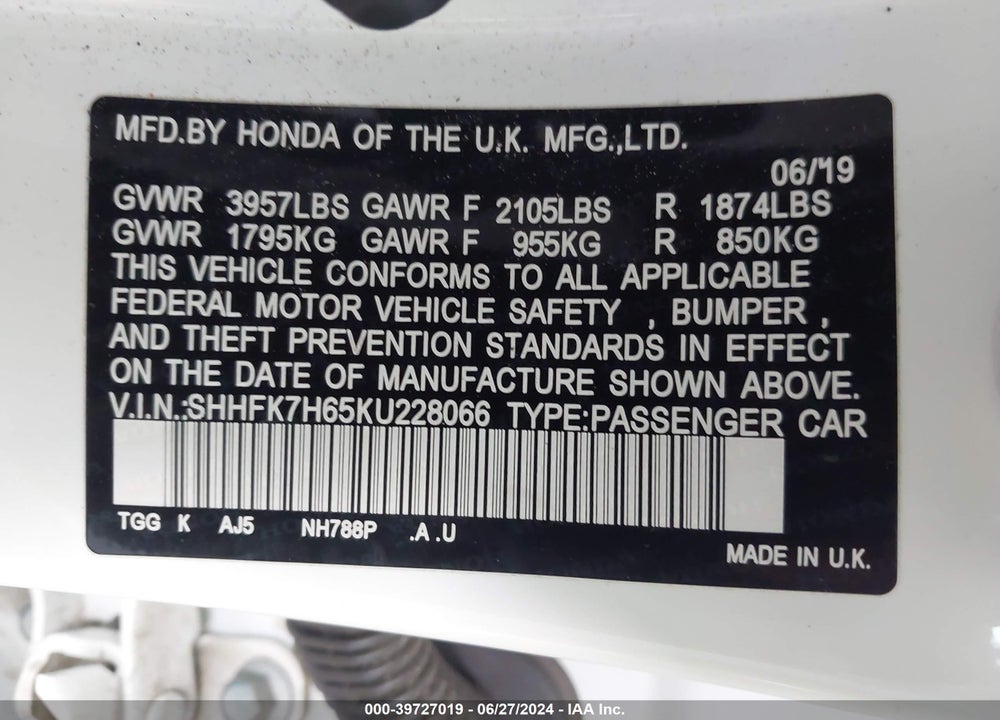 2019 HONDA CIVIC EX VIN: SHHFK7H65KU228066