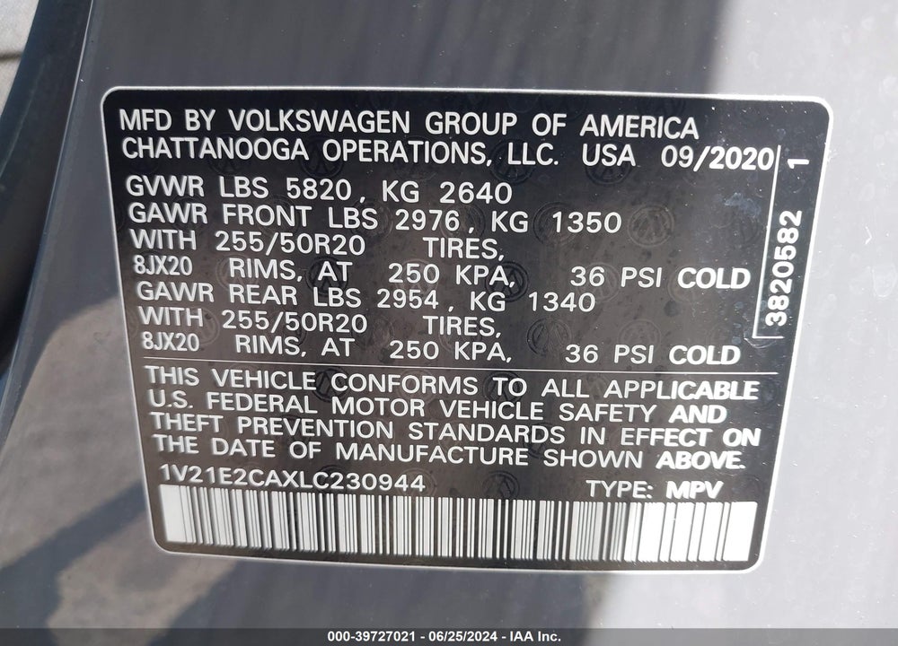 2020 VOLKSWAGEN ATLAS CROSS SPORT 3.6L V6 SE W/TECHNOLOGY/3.6L V6 SE W/TECHNOLOGY R-LINE VIN: 1V21E2CAXLC230944