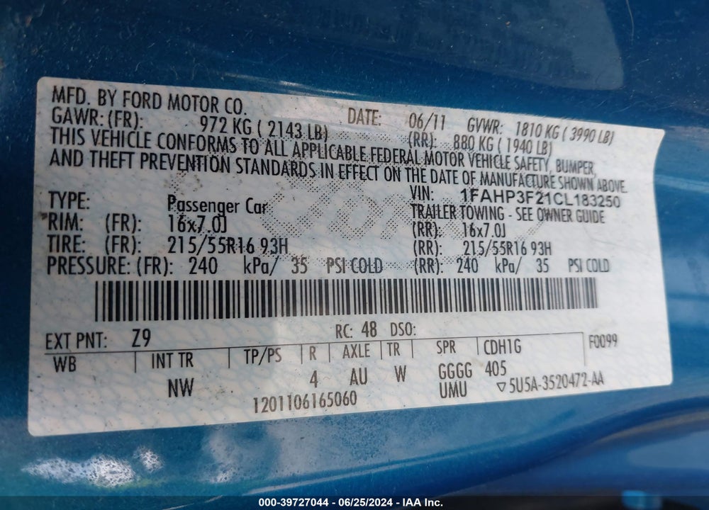 2012 FORD FOCUS SE VIN: 1FAHP3F21CL183250