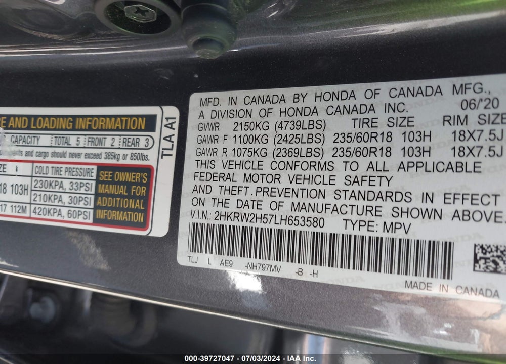 2020 HONDA CR-V AWD EX VIN: 2HKRW2H57LH653580