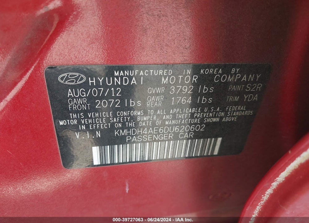 2013 HYUNDAI ELANTRA GLS VIN: KMHDH4AE6DU620602