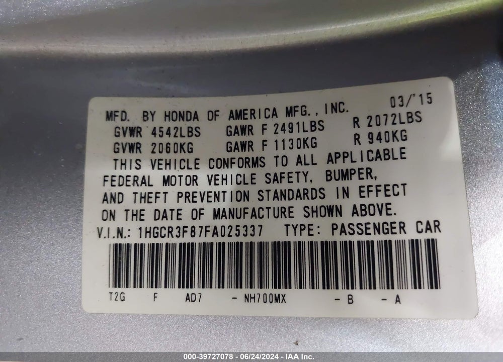 2015 HONDA ACCORD EX-L V-6 VIN: 1HGCR3F87FA025337