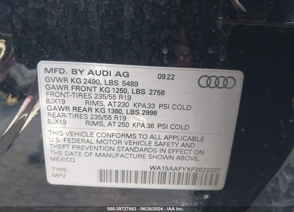 2023 AUDI Q5 SPORTBACK PREMIUM PLUS 45 TFSI S LINE QUATTRO S TRONIC VIN: WA15AAFYXP2022327