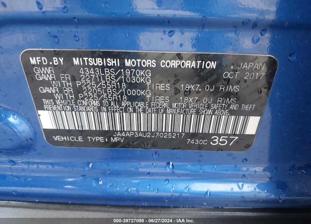 2018 MITSUBISHI OUTLANDER SPORT 2.0 LE VIN: JA4AP3AU2JZ025217