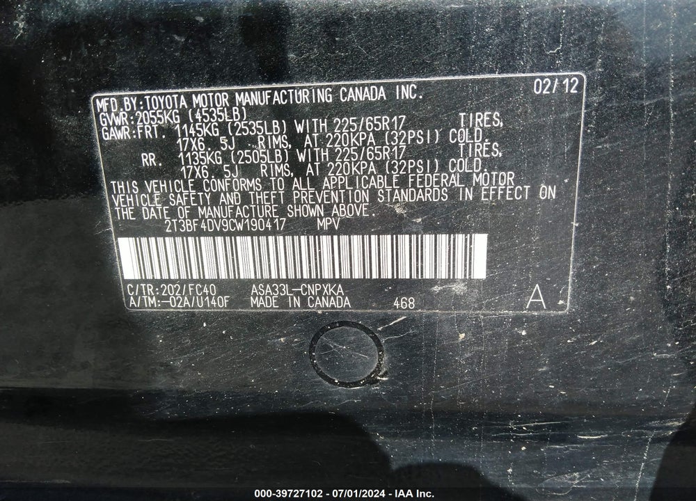 2012 TOYOTA RAV4 VIN: 2T3BF4DV9CW190417