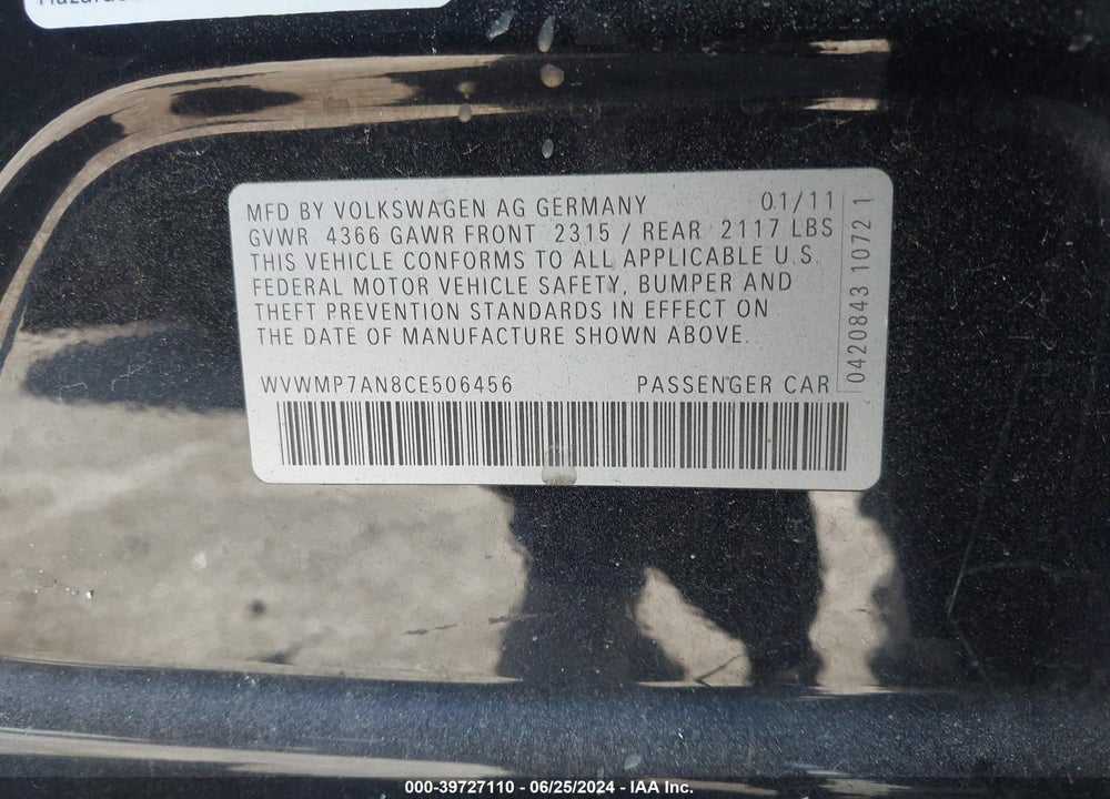 2012 VOLKSWAGEN CC SPORT VIN: WVWMP7AN8CE506456