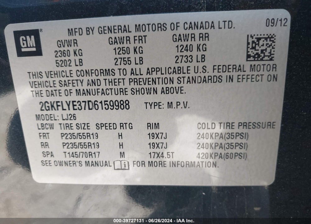 2013 GMC TERRAIN DENALI VIN: 2GKFLYE37D6159988