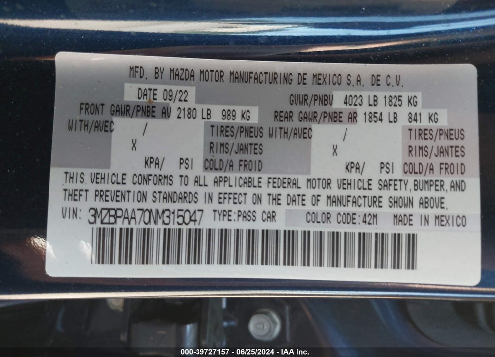 2022 MAZDA 3 2.0 VIN: 3MZBPAA70NM315047