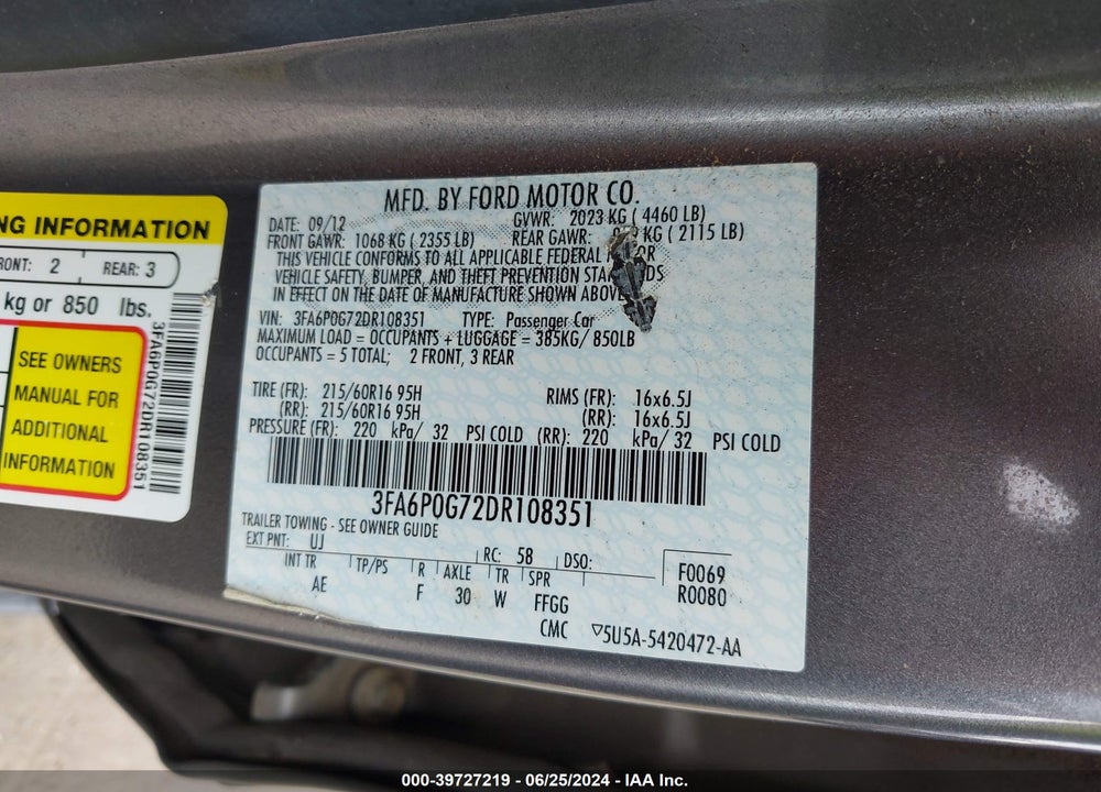 2013 FORD FUSION S VIN: 3FA6P0G72DR108351