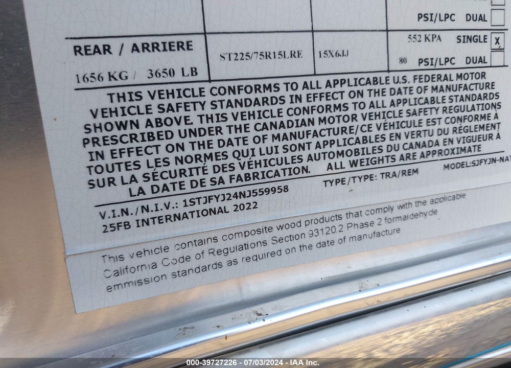 2022 AIRSTREAM INTERNATIONAL VIN: 1STJFYJ24NJ559958