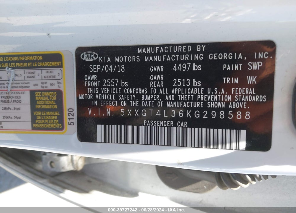 2019 KIA OPTIMA LX VIN: 5XXGT4L36KG298588