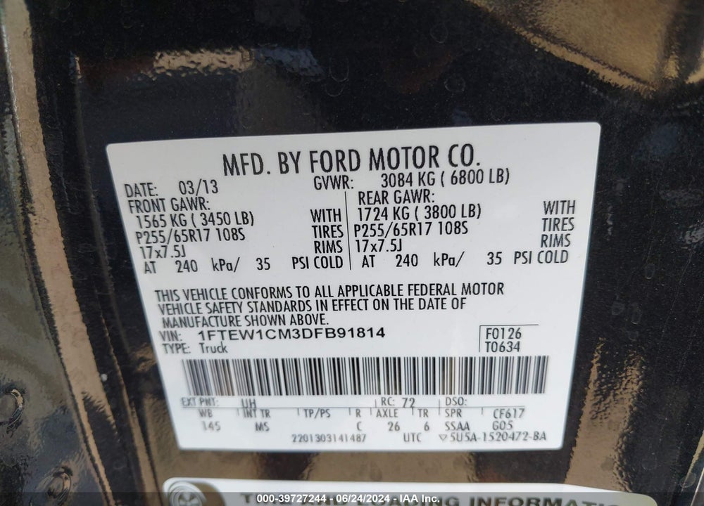 2013 FORD F-150 XLT VIN: 1FTEW1CM3DFB91814