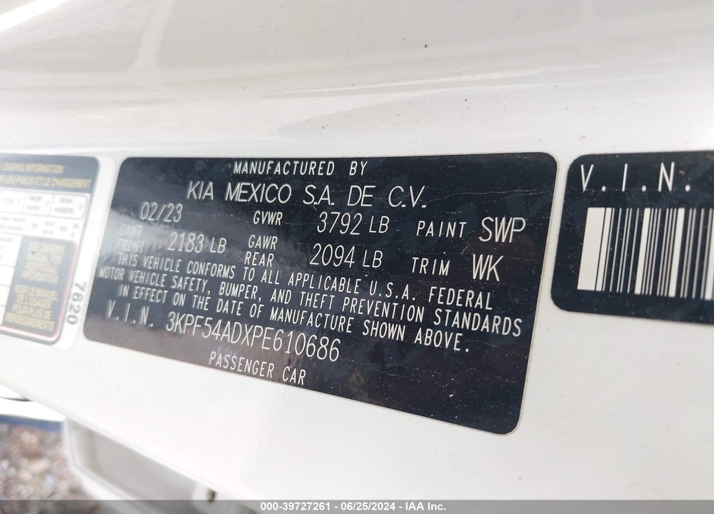 2023 KIA FORTE VIN: 3KPF54ADXPE610686