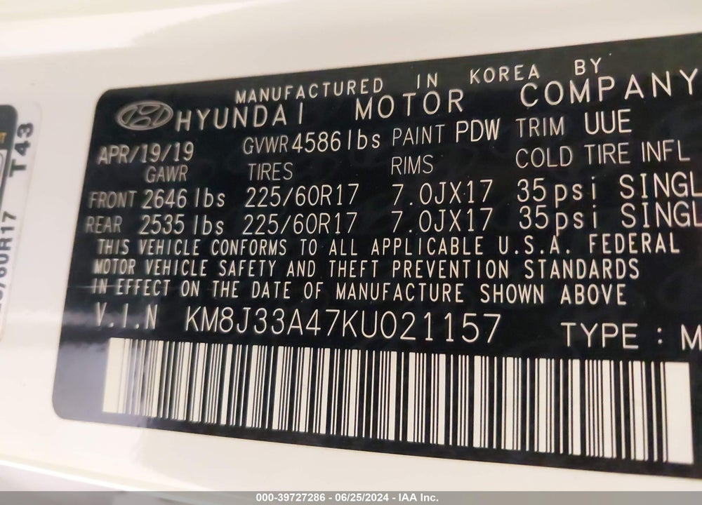 2019 HYUNDAI TUCSON VALUE VIN: KM8J33A47KU021157